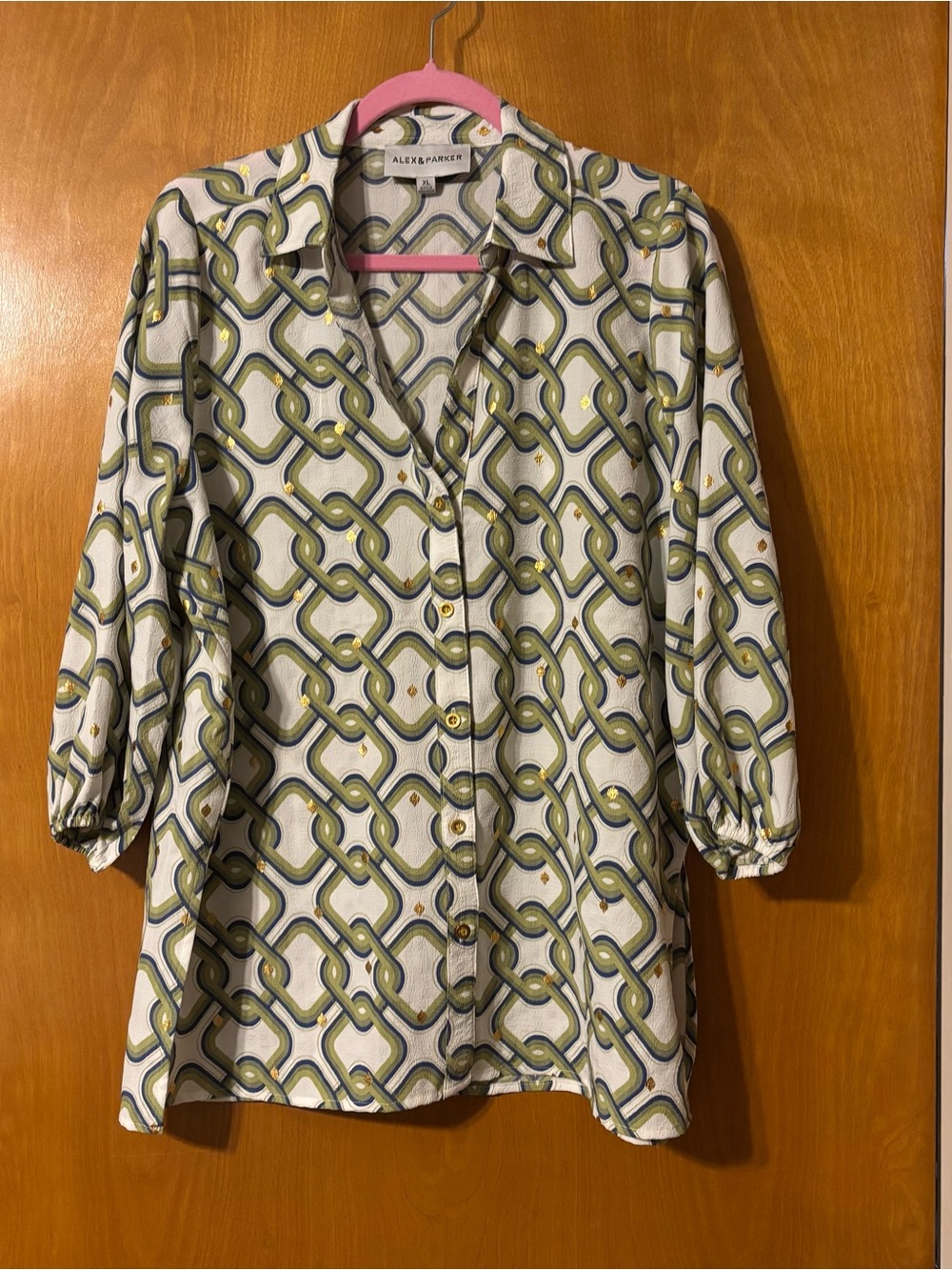 Alex & Parker Cream and Green Geometric Button-Down Blouse